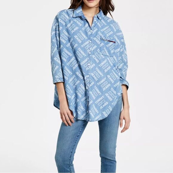 NWT Tommy Hilfiger All-over Logo Chambray Shirt Women Size M MSRP$79 - Picture 1 of 8